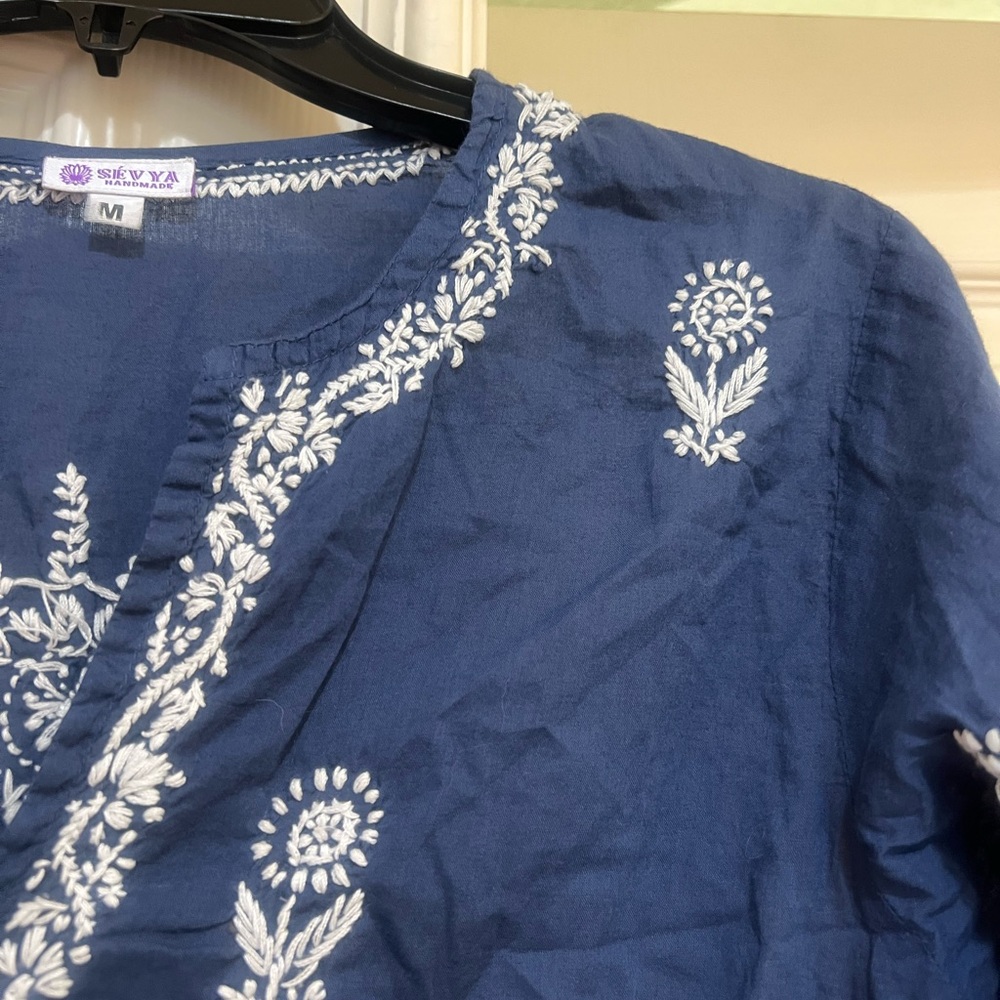 SEVYA 100% Cotton Blue Hand Embroidered 3/4 Sleeve Tunic Dress Beach Cover M - Picture 11 of 11